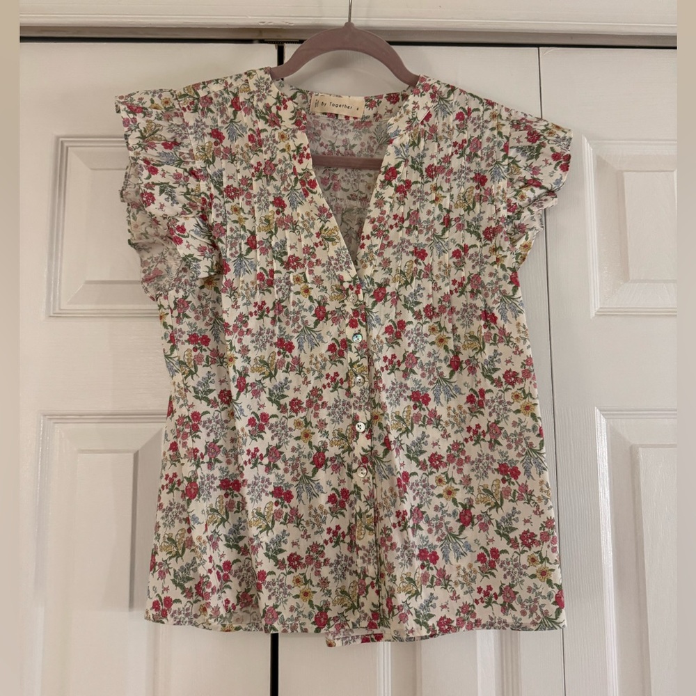 By Together Red and Pink Flutter Sleeve Ruffled Blouse